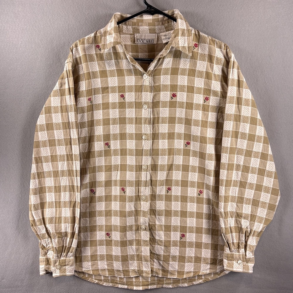 Casey & Max Button Down Plaid Floral Shirt XL Chevron Embroidered Cottage Tan